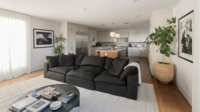 Interior, Kitchen, Living room, Pendant Lights, Recessed Lighting, Stainless Steel Appliances, Wood Texture Flooring