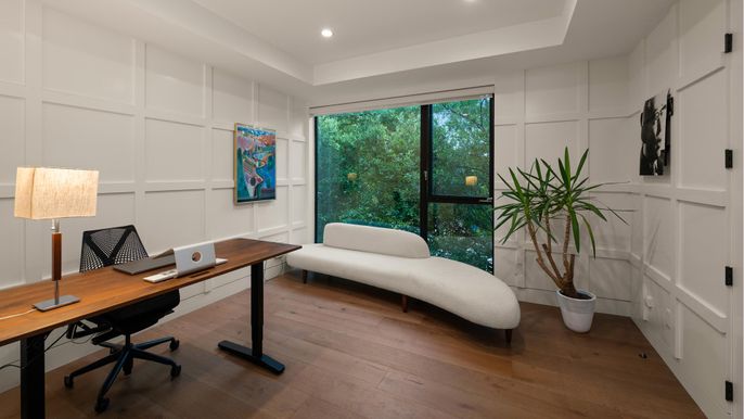 Home Office, Interior, Recessed Lighting, Wood Texture Flooring