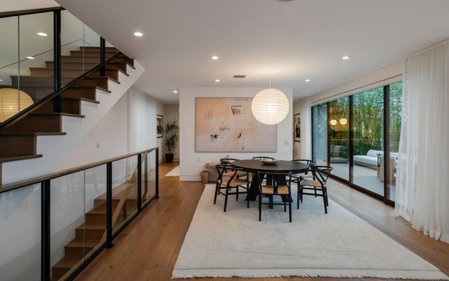 Dining room, Interior, Recessed Lighting, Wood Texture Flooring