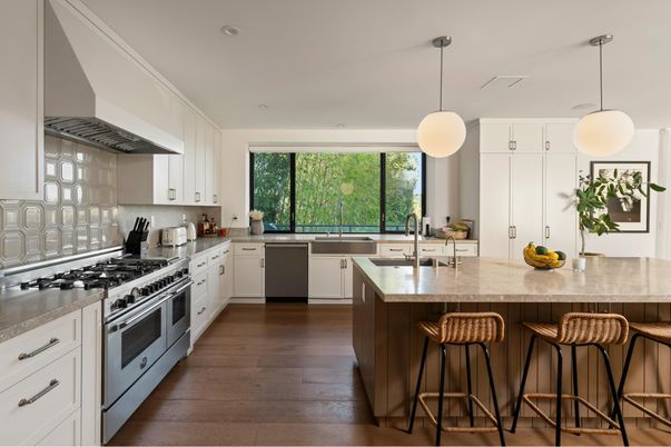 Interior, Kitchen, Pendant Lights, Recessed Lighting, Stainless Steel Appliances, Wood Texture Flooring