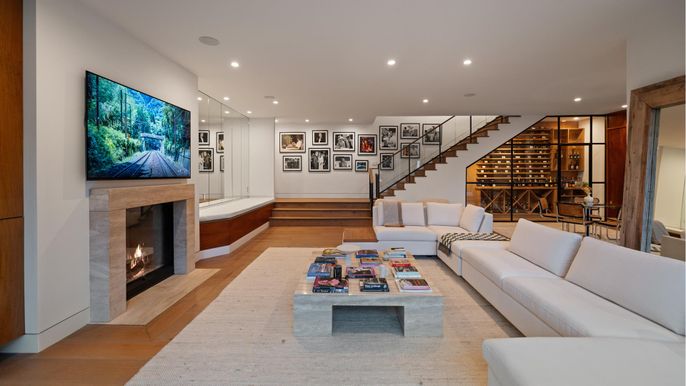 Fireplace, Interior, Living room, Recessed Lighting, Wine Storage, Wood Texture Flooring