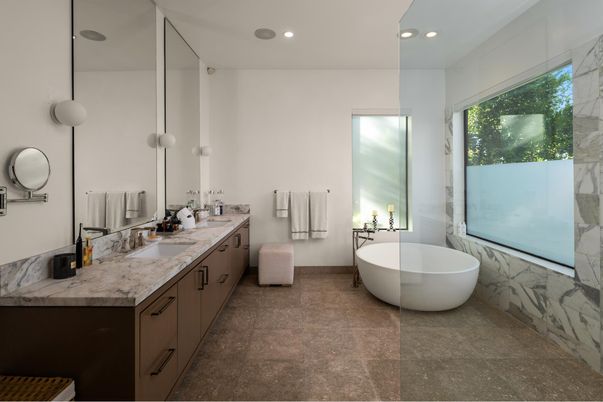 Bathroom, Dual Sink Vanities, Free Standing Baths, Glass Shower, Interior, Pendant Lights, Recessed Lighting