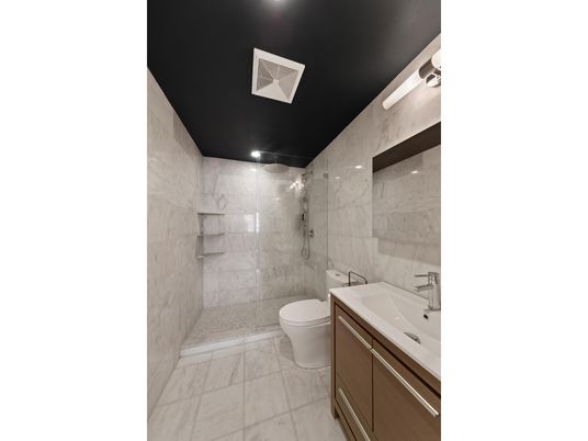 Bathroom, Glass Shower, Interior, Marble, Marble Walls, Recessed Lighting