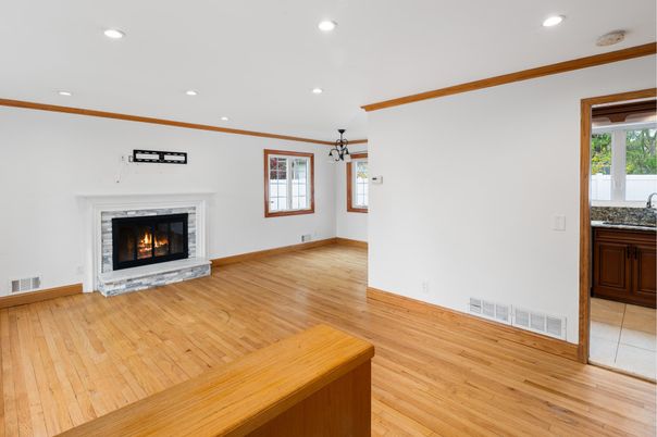 Empty room, Fireplace, Interior, Recessed Lighting, Wood Texture Flooring
