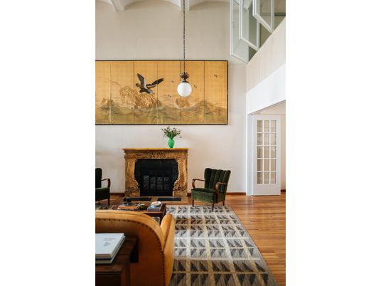 Fireplace, Home Office, Interior, Living room, Pendant Lights, Wood Texture Flooring