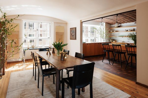 Dining room, Interior, Pendant Lights, Wood Texture Flooring