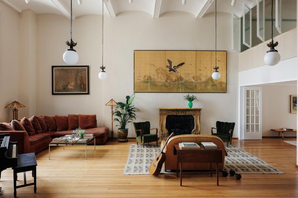 Fireplace, Interior, Living room, Pendant Lights, Wood Texture Flooring