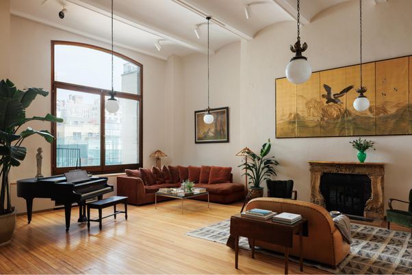 Fireplace, Interior, Living room, Pendant Lights, Piano, Wood Texture Flooring