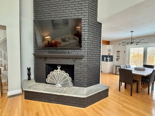 Dining room, Fireplace, Interior, Stone Walls, Wood Texture Flooring