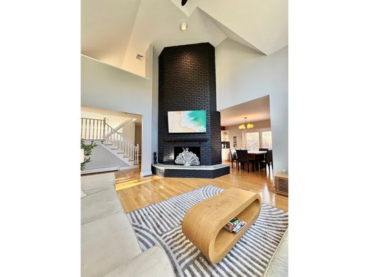 Chandelier, Dining room, Fireplace, Interior, Living room, Wood Texture Flooring