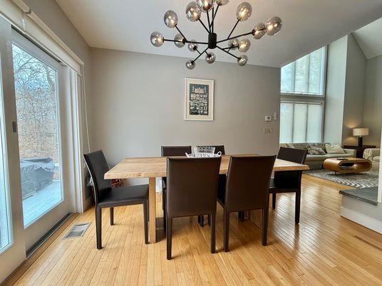 Dining room, Interior, Pendant Lights, Wood Texture Flooring
