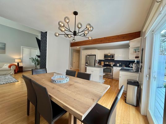 Dining room, Interior, Kitchen, Pendant Lights, Stainless Steel Appliances, Wood Texture Flooring