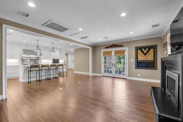 Fireplace, Interior, Kitchen, Pendant Lights, Recessed Lighting, Stainless Steel Appliances, Wood Texture Flooring