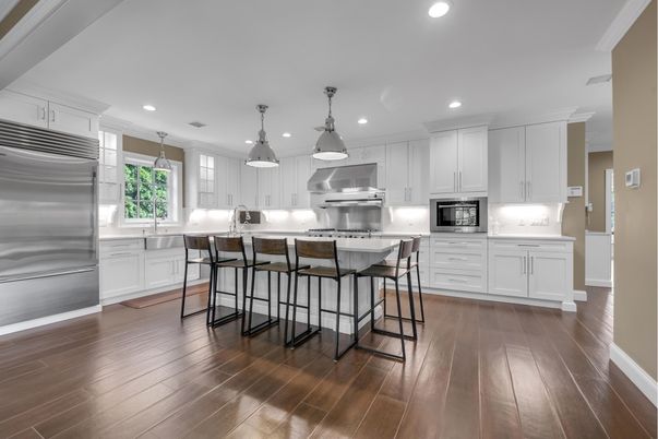 Interior, Kitchen, Pendant Lights, Recessed Lighting, Stainless Steel Appliances, Wood Texture Flooring