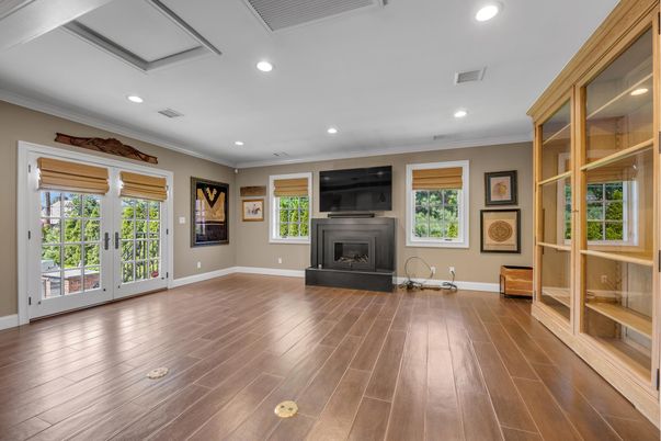 Empty room, Fireplace, Interior, Recessed Lighting, Wood Texture Flooring