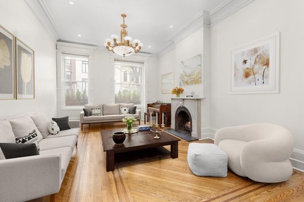 Chandelier, Fireplace, Interior, Living room, Recessed Lighting, Wood Texture Flooring