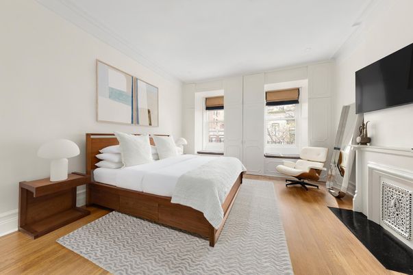 Bedroom, Fireplace, Interior, Wood Texture Flooring