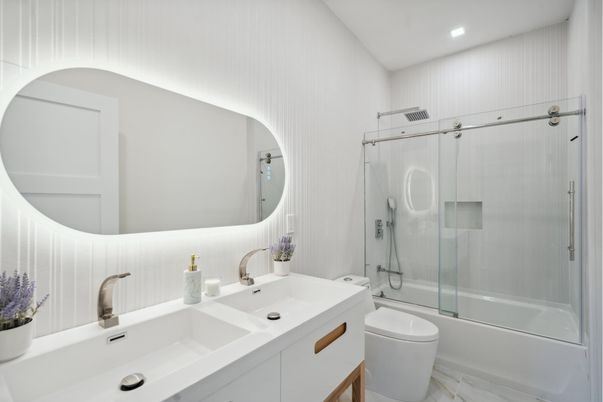 Bathroom, Dual Sink Vanities, Glass Shower, Interior, Recessed Lighting