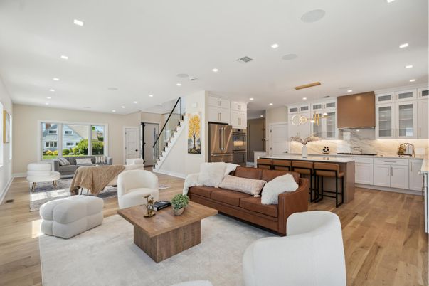 Interior, Kitchen, Living room, Marble Walls, Pendant Lights, Recessed Lighting, Stainless Steel Appliances, Wood Texture Flooring
