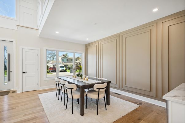 Dining room, Interior, Recessed Lighting, Wood Texture Flooring