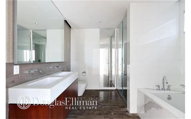 Bathroom, Dual Sink Vanities, Interior, Recessed Lighting, Wood Texture Flooring