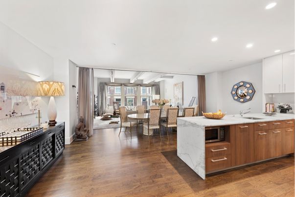 Dining room, Interior, Kitchen, Recessed Lighting, Wood Texture Flooring