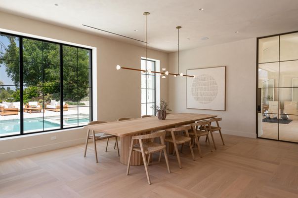 Dining room, Interior, Pendant Lights, Recessed Lighting, Wood Texture Flooring
