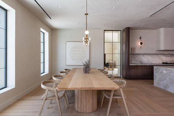 Dining room, Interior, Pendant Lights, Recessed Lighting, Wood Texture Flooring