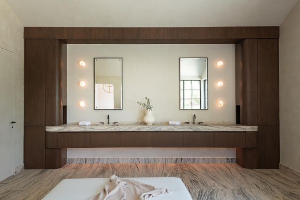 Bathroom, Dual Sink Vanities, Interior, Wood Texture Flooring