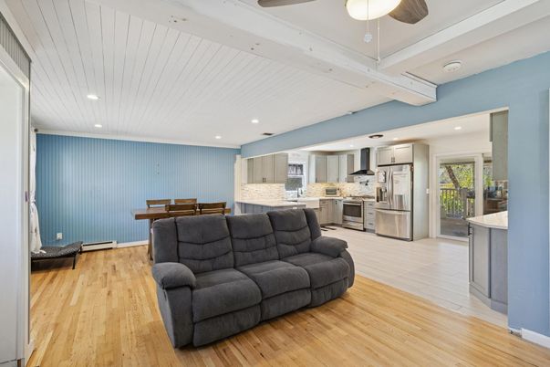 Dining room, Interior, Kitchen, Living room, Recessed Lighting, Stainless Steel Appliances, Wood Texture Flooring