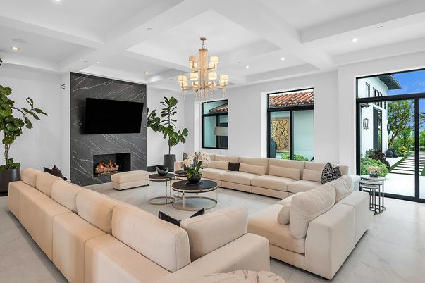 Chandelier, Fireplace, Interior, Living room, Marble, Marble Walls, Recessed Lighting