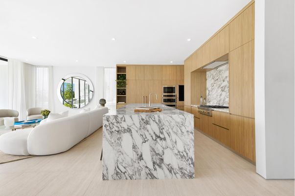 Interior, Kitchen, Living room, Marble Walls, Recessed Lighting, Wood Texture Flooring