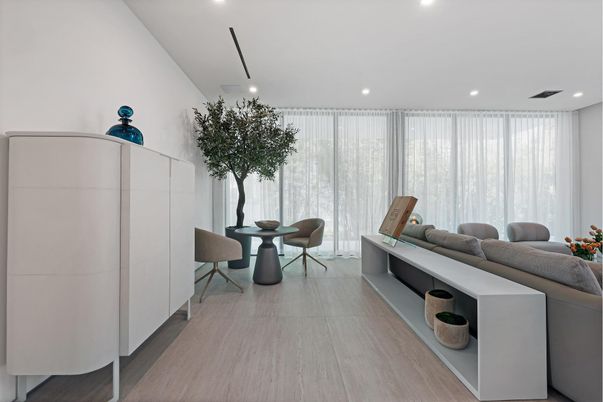 Dining room, Interior, Living room, Recessed Lighting, Wood Texture Flooring