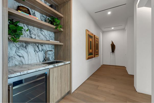 Interior, Kitchen, Marble Walls, Recessed Lighting, Wood Texture Flooring