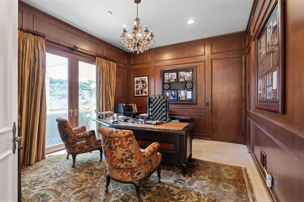 Chandelier, Home Office, Interior, Recessed Lighting, Wooden Walls