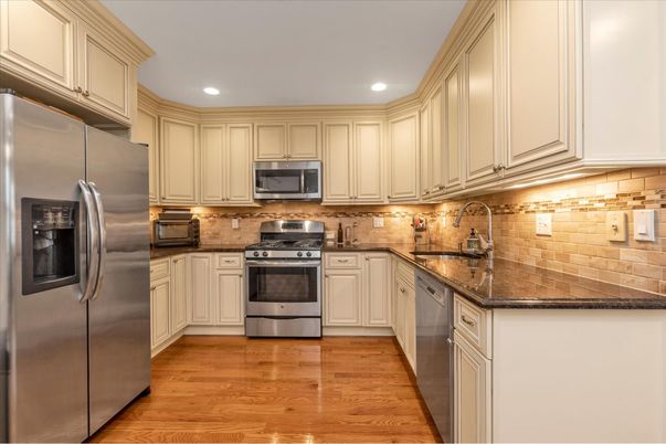 Interior, Kitchen, Recessed Lighting, Stainless Steel Appliances, Wood Texture Flooring