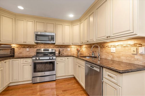 Interior, Kitchen, Recessed Lighting, Stainless Steel Appliances, Wood Texture Flooring