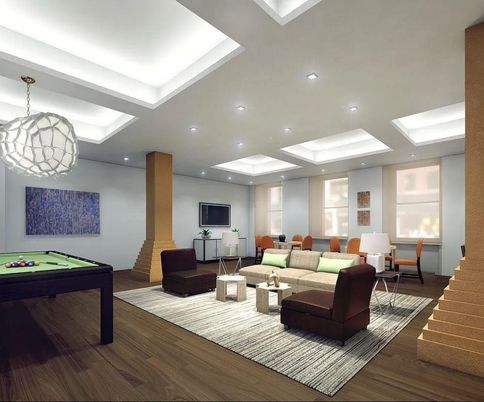 Billiard Table, Game Room, Interior, Living room, Pendant Lights, Recessed Lighting, Wood Texture Flooring