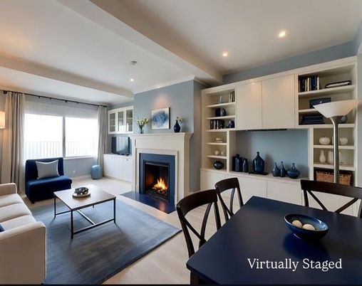 Dining room, Fireplace, Interior, Living room, Recessed Lighting, Wood Texture Flooring