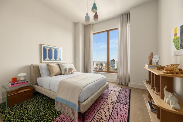 Bedroom, Interior, Pendant Lights, Wood Texture Flooring
