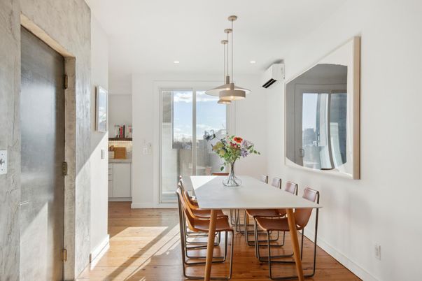 Dining room, Interior, Pendant Lights, Recessed Lighting, Wood Texture Flooring