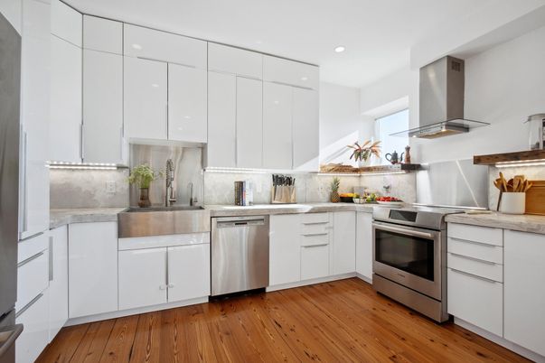 Interior, Kitchen, Recessed Lighting, Stainless Steel Appliances, Wood Texture Flooring