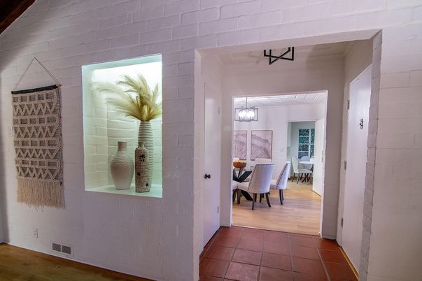 Dining room, Interior, Pendant Lights, Stone Walls, Wood Texture Flooring