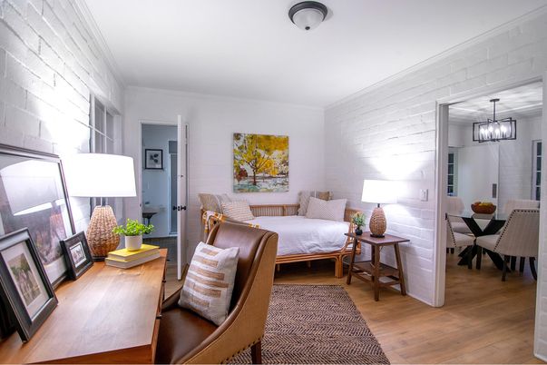 Bedroom, Dining room, Interior, Pendant Lights, Wood Texture Flooring