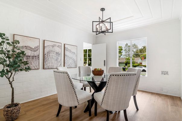 Dining room, Interior, Pendant Lights, Wood Texture Flooring