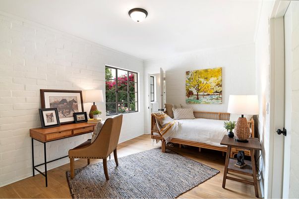 Bedroom, Home Office, Interior, Stone Walls, Wood Texture Flooring