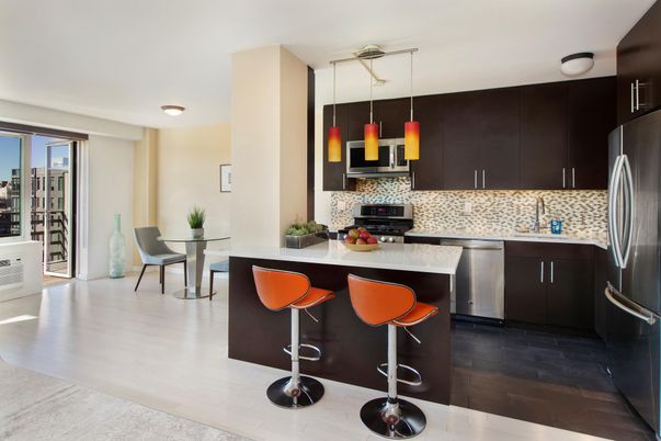 Dining room, Interior, Kitchen, Pendant Lights, Stainless Steel Appliances, Wood Texture Flooring