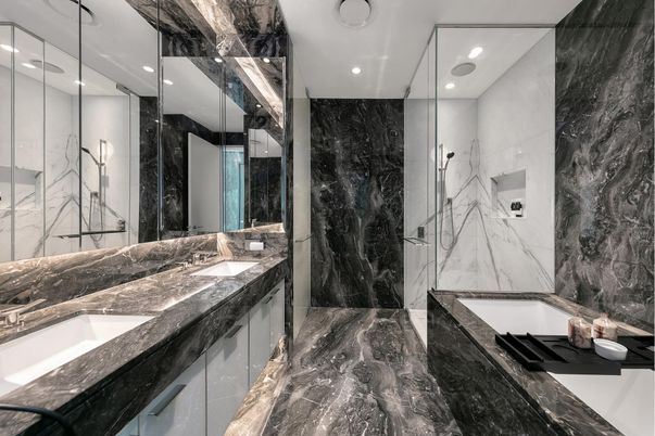 Bathroom, Dual Sink Vanities, Glass Shower, Interior, Marble, Marble Walls, Recessed Lighting