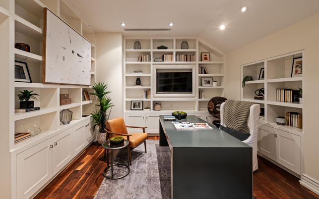 Home Office, Interior, Recessed Lighting, Wood Texture Flooring