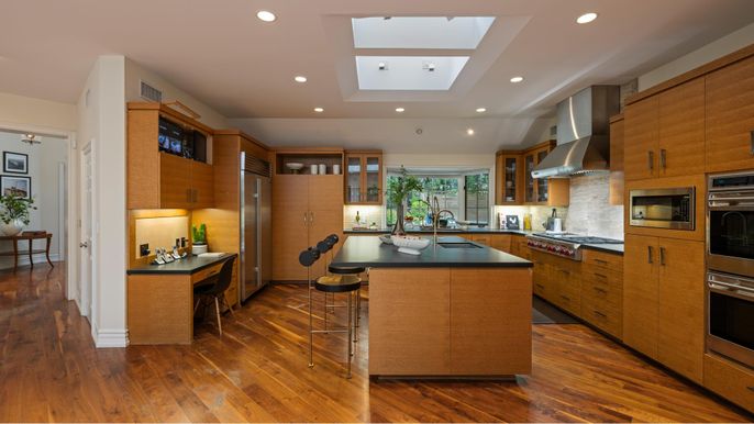 Interior, Kitchen, Recessed Lighting, Stainless Steel Appliances, Wood Texture Flooring